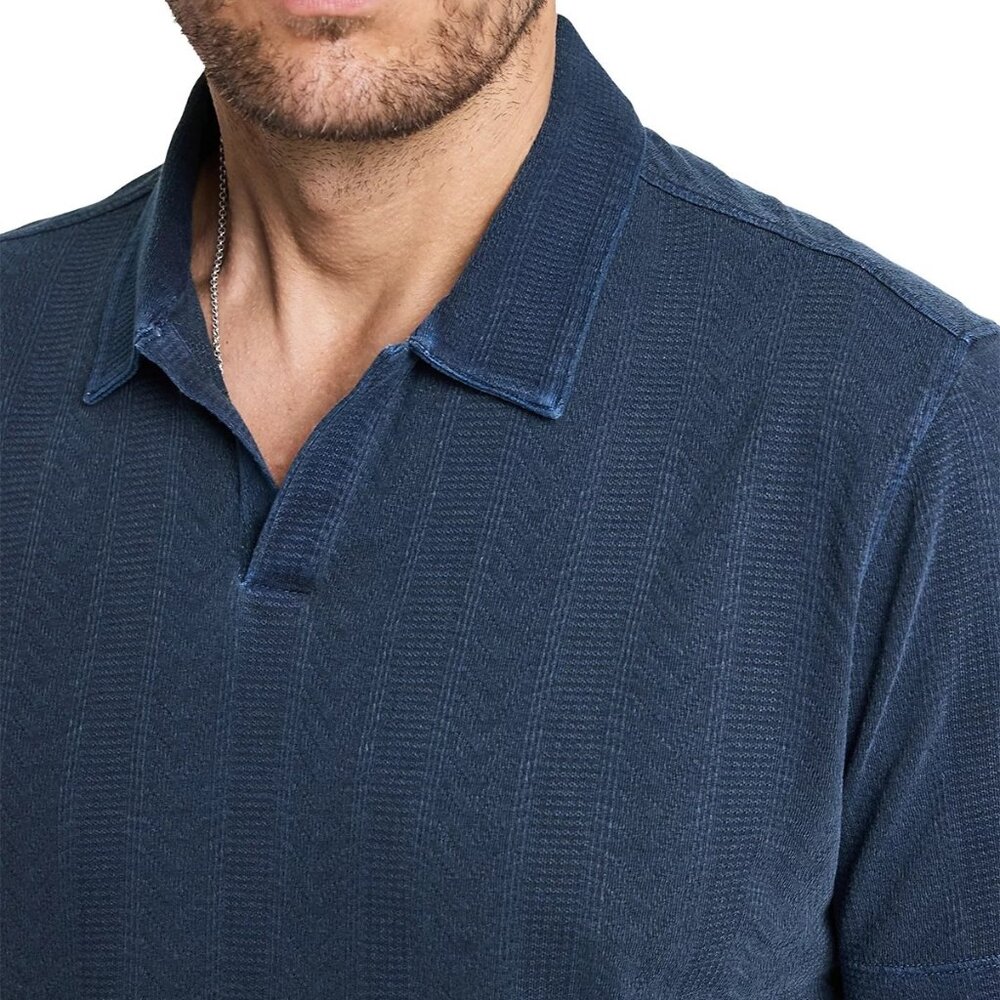 John Varvatos Men's Short Sleeve Zion Jacquard Open Collar Polo Shirt Deep Blue - Picture 2 of 7